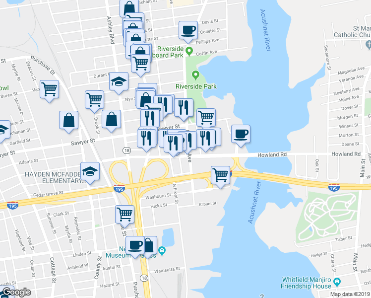 map of restaurants, bars, coffee shops, grocery stores, and more near 11 Granfield Street in New Bedford