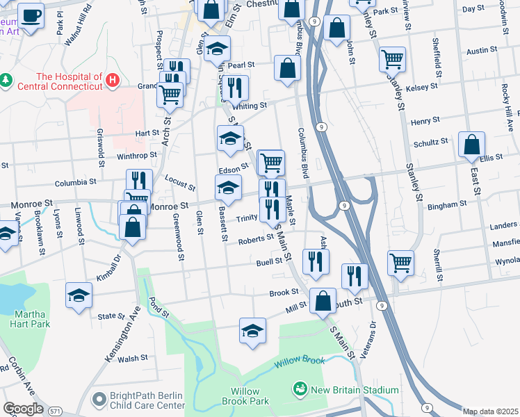 map of restaurants, bars, coffee shops, grocery stores, and more near 297 South Main Street in New Britain