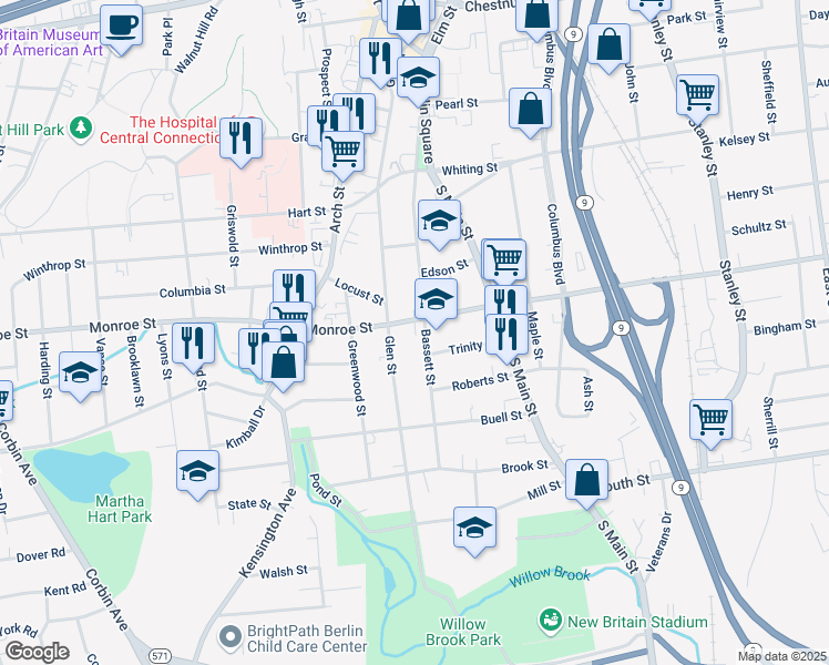 map of restaurants, bars, coffee shops, grocery stores, and more near 163 Bassett Street in New Britain
