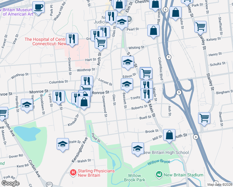 map of restaurants, bars, coffee shops, grocery stores, and more near 4 Monroe Street in New Britain