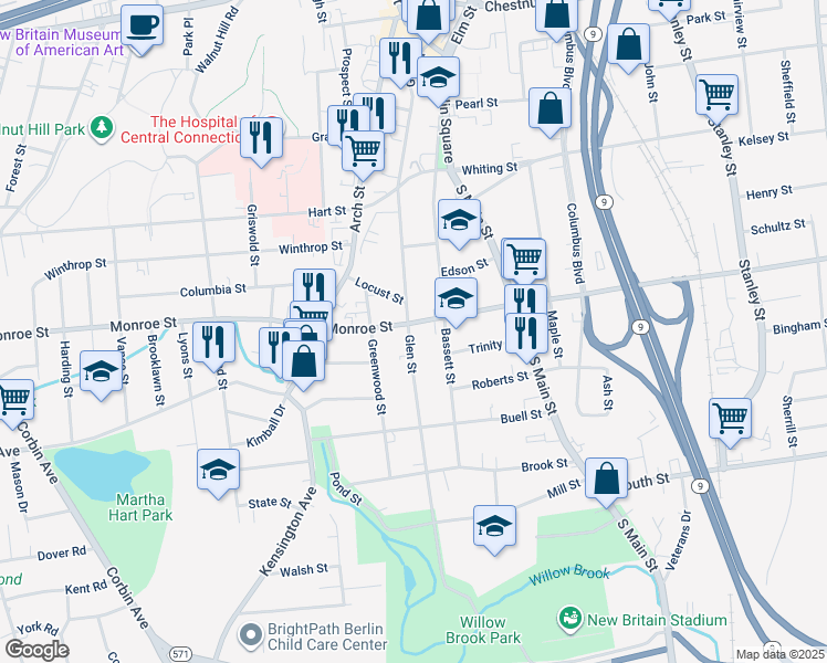 map of restaurants, bars, coffee shops, grocery stores, and more near 4 Monroe Street in New Britain