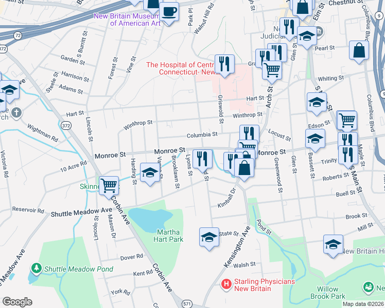 map of restaurants, bars, coffee shops, grocery stores, and more near 161 Linwood Street in New Britain