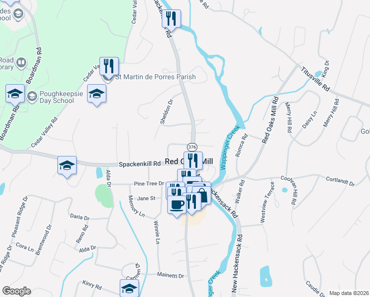 map of restaurants, bars, coffee shops, grocery stores, and more near 30 Orchard Park in Poughkeepsie