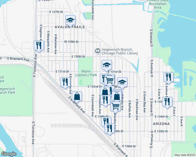 map of restaurants, bars, coffee shops, grocery stores, and more near 13133 South Carondolet Avenue in Chicago