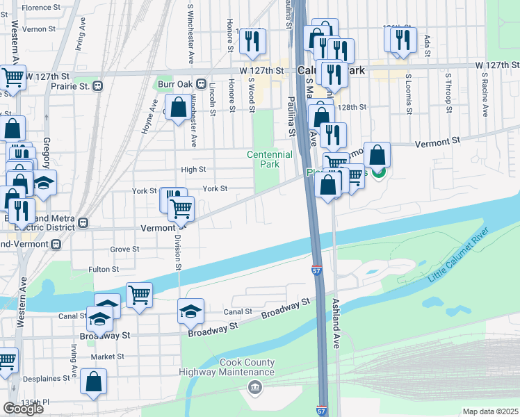 map of restaurants, bars, coffee shops, grocery stores, and more near 13033 South Wood Street in Blue Island