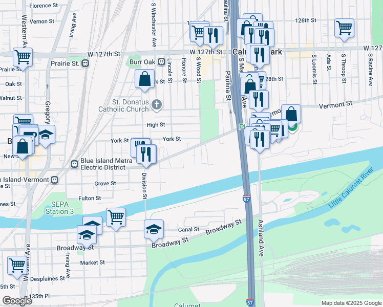 map of restaurants, bars, coffee shops, grocery stores, and more near 13029 Honore Street in Blue Island