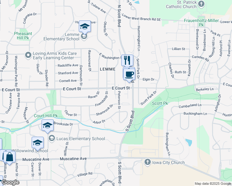 map of restaurants, bars, coffee shops, grocery stores, and more near 411 Peterson Street in Iowa City