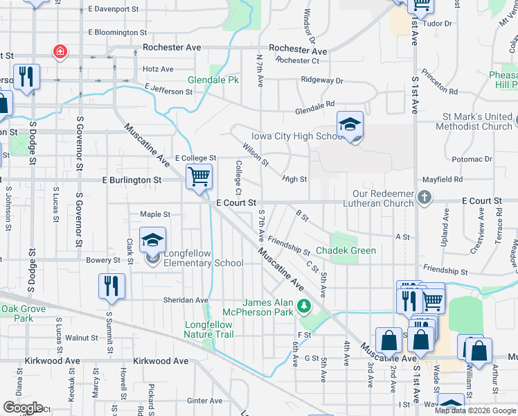map of restaurants, bars, coffee shops, grocery stores, and more near 1611 E Court St in Iowa City