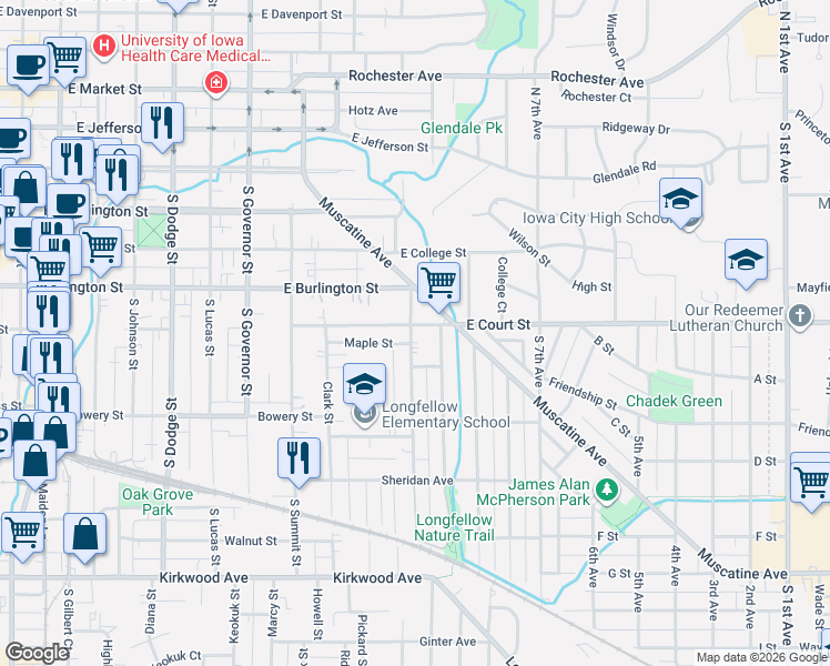 map of restaurants, bars, coffee shops, grocery stores, and more near 404 Oakland Avenue in Iowa City