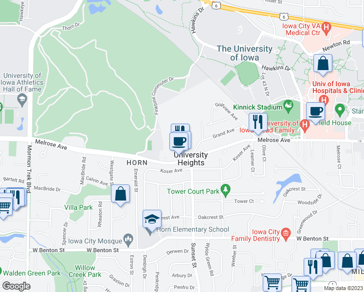 map of restaurants, bars, coffee shops, grocery stores, and more near 1 University Way in Iowa City