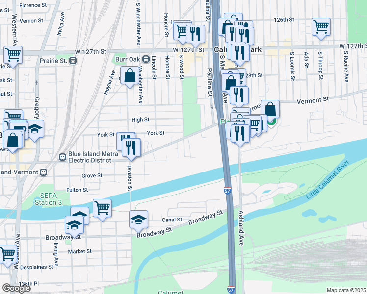 map of restaurants, bars, coffee shops, grocery stores, and more near 13029 Honore Street in Blue Island