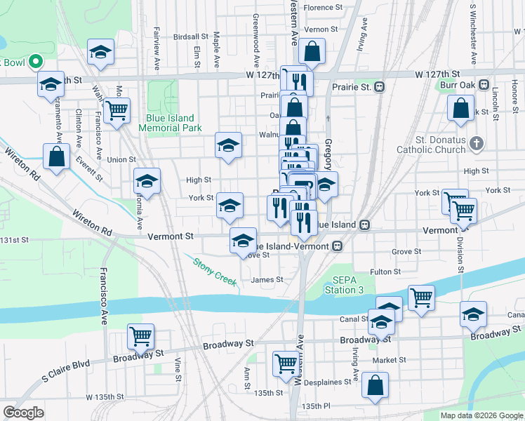 map of restaurants, bars, coffee shops, grocery stores, and more near 2458 New Street in Blue Island