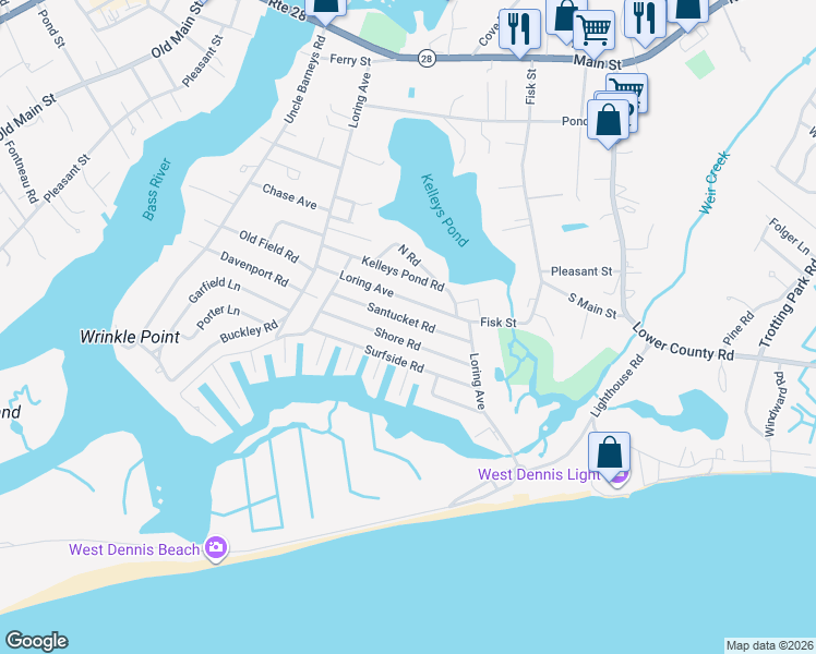 map of restaurants, bars, coffee shops, grocery stores, and more near 45 Santucket Road in Dennis