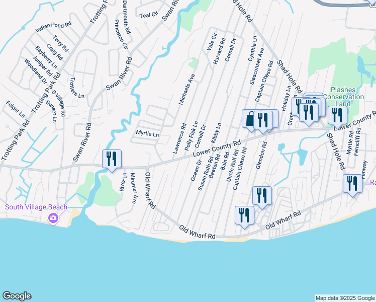 map of restaurants, bars, coffee shops, grocery stores, and more near 14 Polly Fisk Lane in Dennis