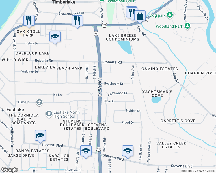 map of restaurants, bars, coffee shops, grocery stores, and more near 35230 Beachpark Drive in Eastlake