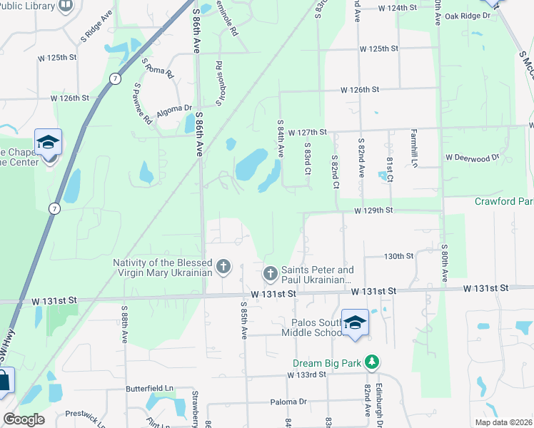 map of restaurants, bars, coffee shops, grocery stores, and more near 12902 South Arbor Court in Palos Park