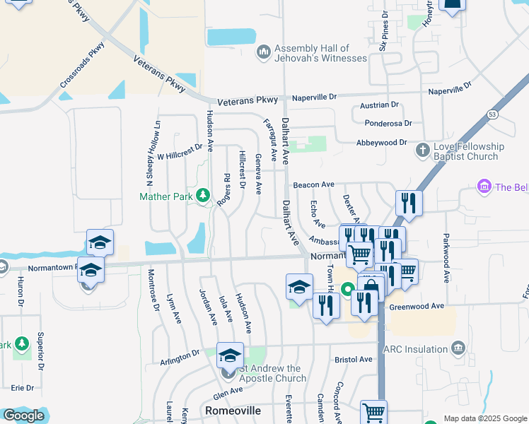 map of restaurants, bars, coffee shops, grocery stores, and more near 110 Arcadia Avenue in Romeoville