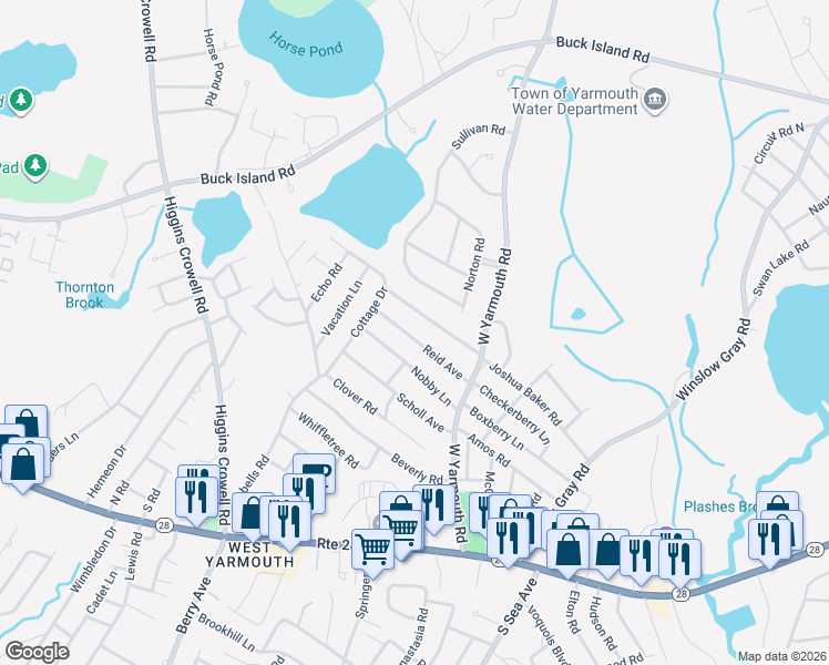 map of restaurants, bars, coffee shops, grocery stores, and more near 24 Reid Avenue in Yarmouth