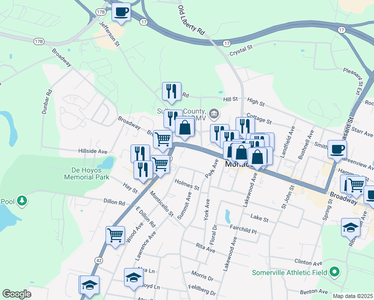 map of restaurants, bars, coffee shops, grocery stores, and more near 541 Broadway in Monticello