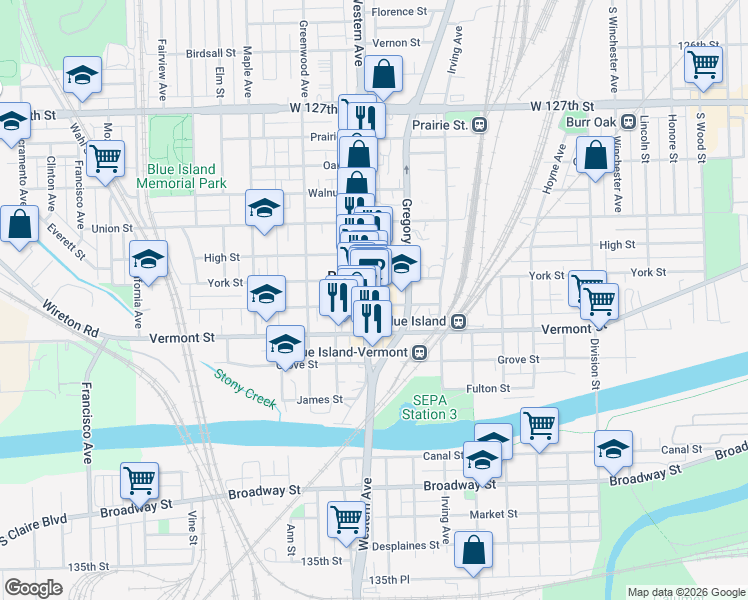 map of restaurants, bars, coffee shops, grocery stores, and more near 2330 New Street in Blue Island