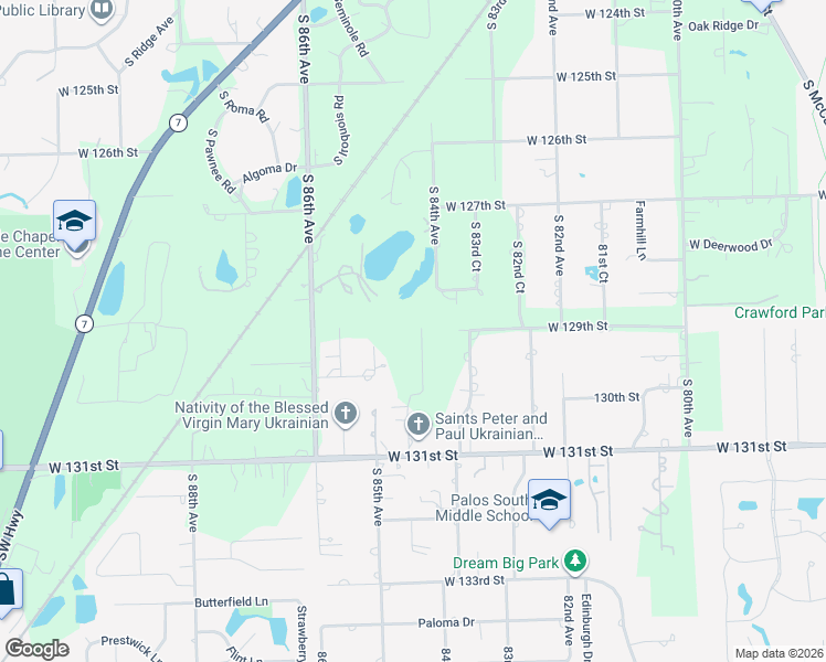 map of restaurants, bars, coffee shops, grocery stores, and more near 12902 South Arbor Court in Palos Park