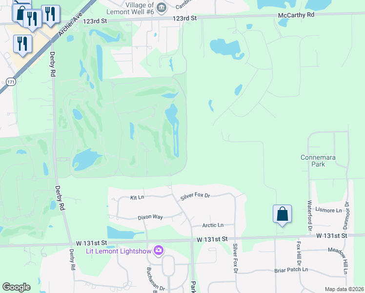 map of restaurants, bars, coffee shops, grocery stores, and more near 93 Ruffled Feathers Drive in Lemont