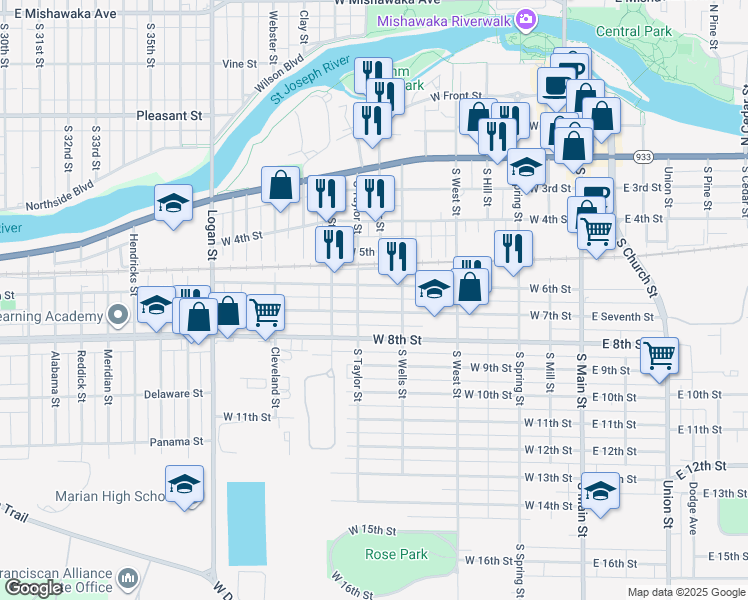 map of restaurants, bars, coffee shops, grocery stores, and more near 706 West 7th Street in Mishawaka