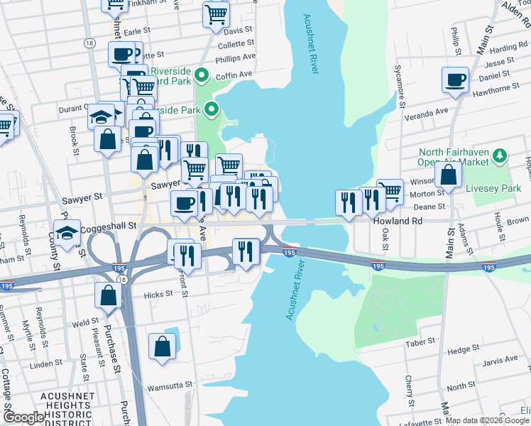 map of restaurants, bars, coffee shops, grocery stores, and more near 81 Coggeshall Street in New Bedford