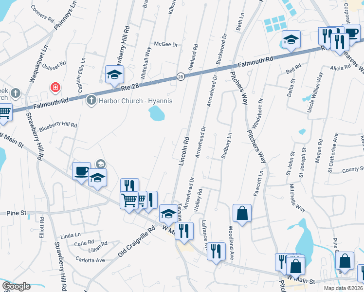 map of restaurants, bars, coffee shops, grocery stores, and more near 195 Lincoln Road in Barnstable