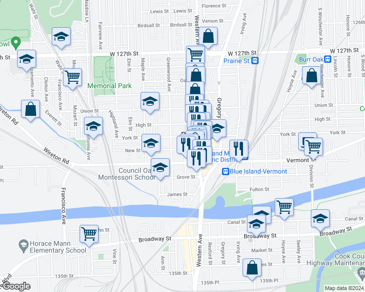 map of restaurants, bars, coffee shops, grocery stores, and more near 2438 New Street in Blue Island