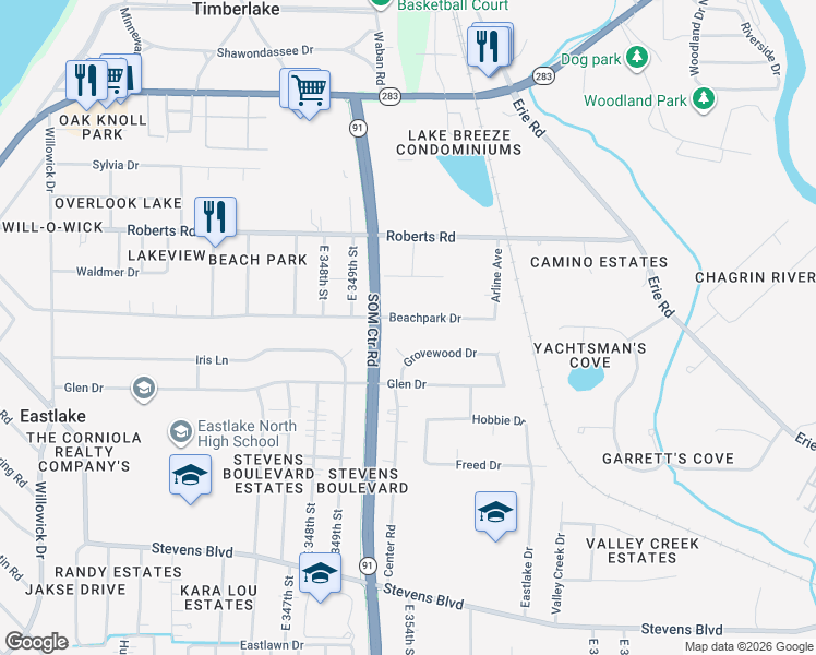 map of restaurants, bars, coffee shops, grocery stores, and more near 35230 Beachpark Drive in Eastlake