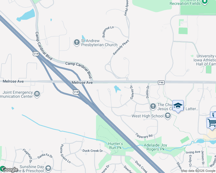 map of restaurants, bars, coffee shops, grocery stores, and more near 86 Donegal Place in Iowa City