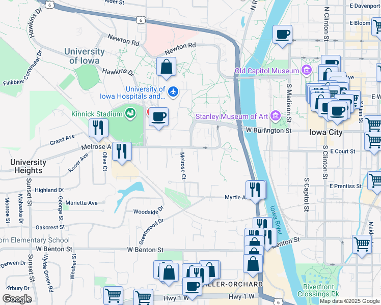 map of restaurants, bars, coffee shops, grocery stores, and more near 503 Melrose Avenue in Iowa City