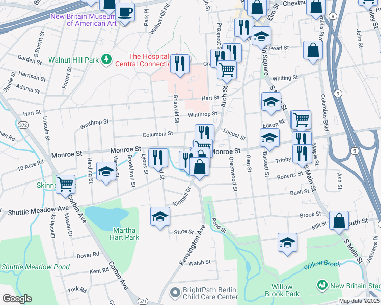 map of restaurants, bars, coffee shops, grocery stores, and more near 128 Monroe Street in New Britain