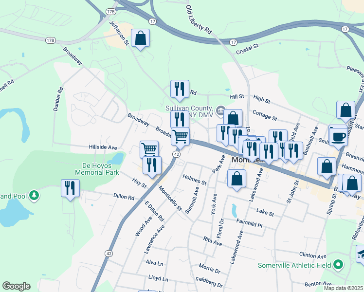 map of restaurants, bars, coffee shops, grocery stores, and more near 3 Forestburgh Road in Monticello