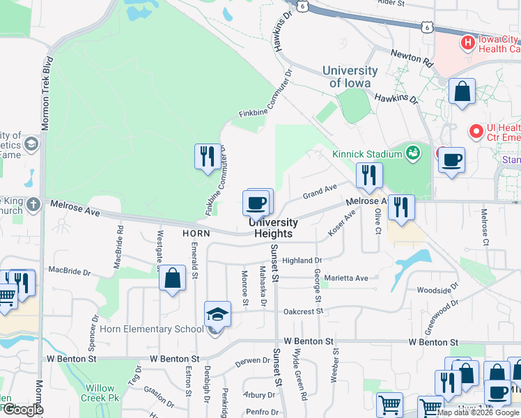 map of restaurants, bars, coffee shops, grocery stores, and more near 1 University Way in Iowa City