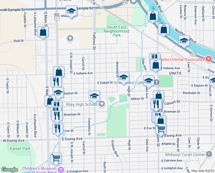 map of restaurants, bars, coffee shops, grocery stores, and more near 1708 Rush Street in South Bend