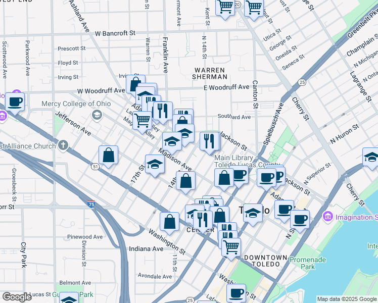map of restaurants, bars, coffee shops, grocery stores, and more near 333 14th Street in Toledo