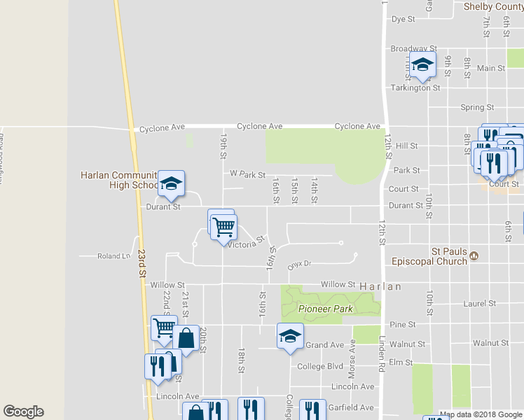 map of restaurants, bars, coffee shops, grocery stores, and more near 1201 16th Street in Harlan
