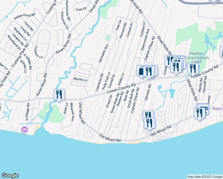 map of restaurants, bars, coffee shops, grocery stores, and more near 102 Lower County Road in Dennis