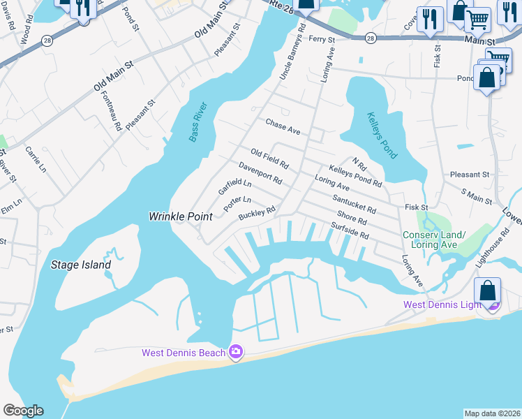 map of restaurants, bars, coffee shops, grocery stores, and more near 3 Porter Lane in Dennis