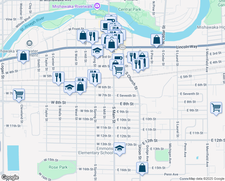 map of restaurants, bars, coffee shops, grocery stores, and more near 509 South Main Street in Mishawaka
