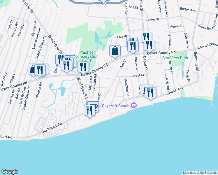 map of restaurants, bars, coffee shops, grocery stores, and more near 85 Sea Street in Dennis