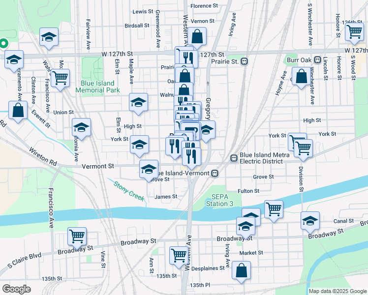 map of restaurants, bars, coffee shops, grocery stores, and more near 2422 New Street in Blue Island