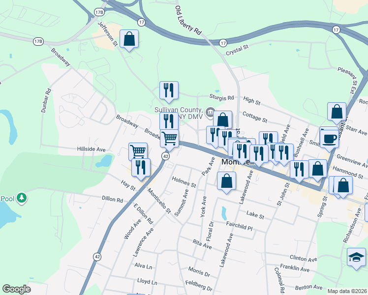 map of restaurants, bars, coffee shops, grocery stores, and more near 541 Broadway in Monticello