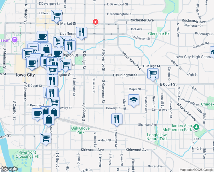 map of restaurants, bars, coffee shops, grocery stores, and more near 338 South Governor Street in Iowa City