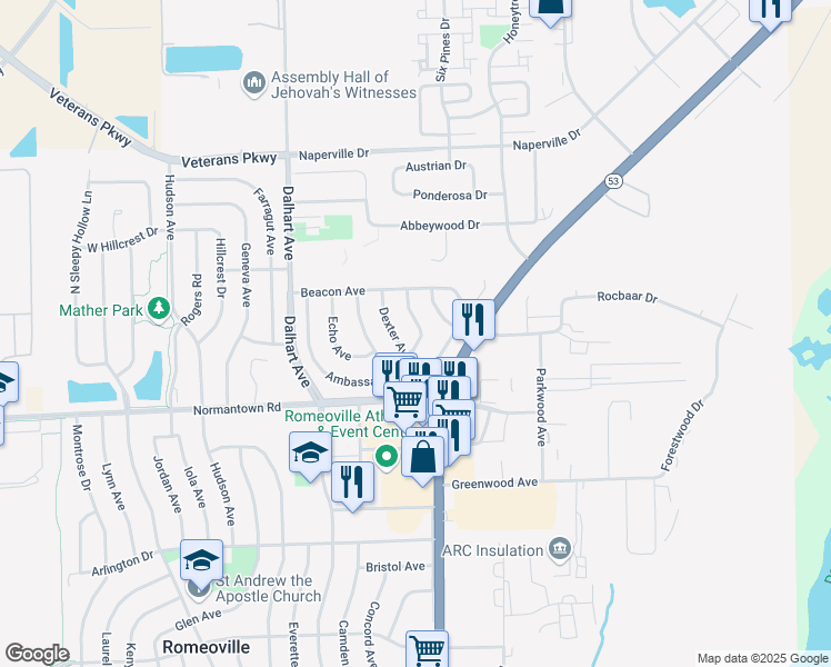 map of restaurants, bars, coffee shops, grocery stores, and more near 716 Delta Avenue in Romeoville