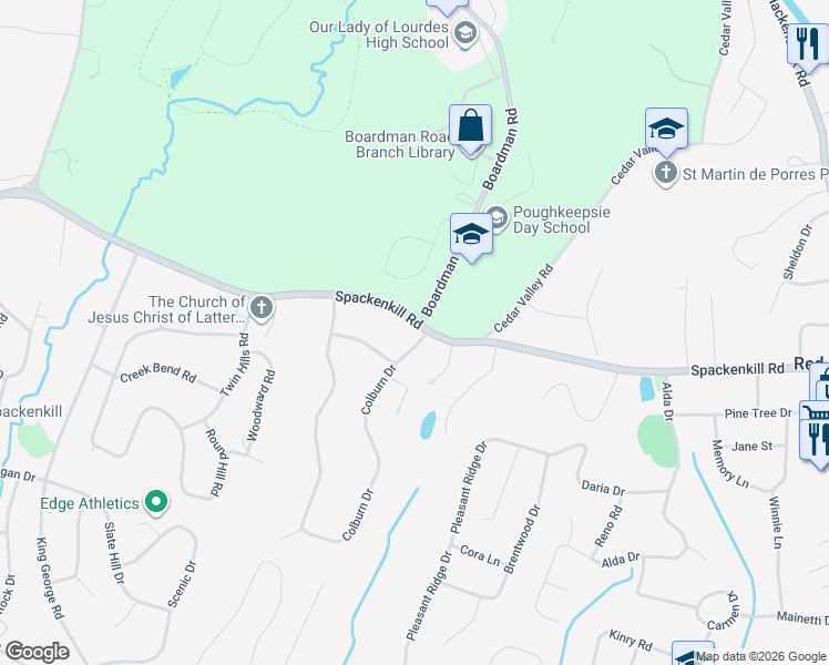 map of restaurants, bars, coffee shops, grocery stores, and more near 2 Colburn Drive in Poughkeepsie