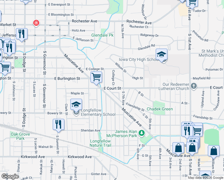 map of restaurants, bars, coffee shops, grocery stores, and more near 1515 East Court Street in Iowa City