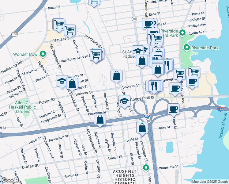 map of restaurants, bars, coffee shops, grocery stores, and more near 1079-1081 County Street in New Bedford